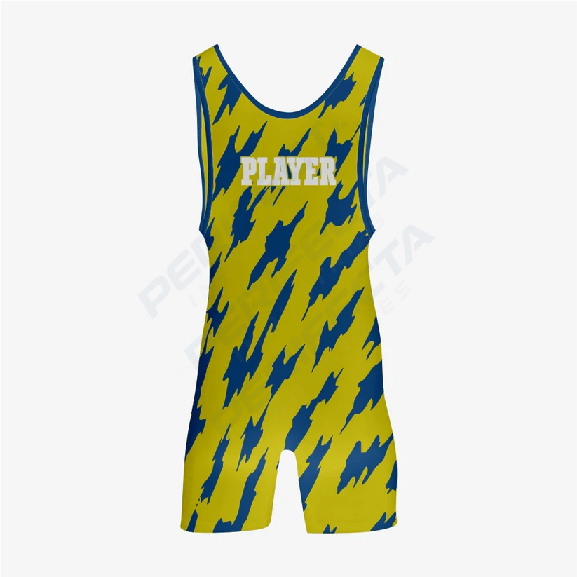 Custom Wrestling Gear – Yellow/Blue Singlet for Champions - Image 2