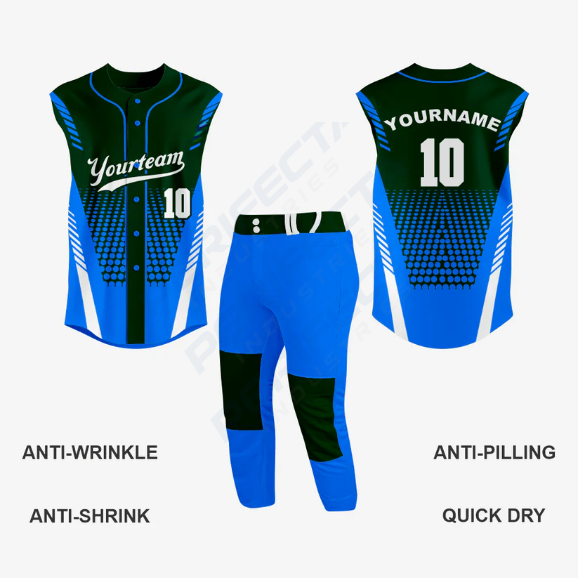 Custom Blue/Dark Green Sleeveless Full Button Softball Jersey – Men/Women - Image 3